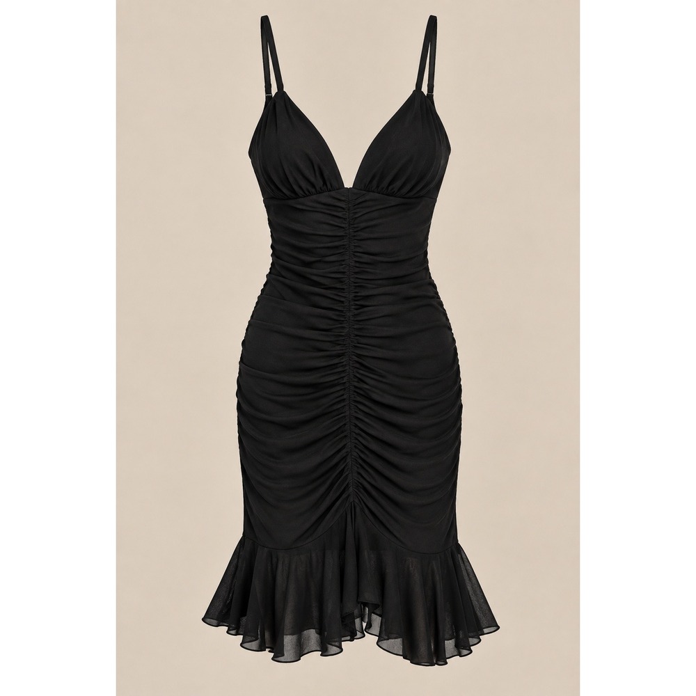 Lillie Rubin Women Dress Vintage 6 Black Ruched V-Neck Ruffle Hem Party Cocktail